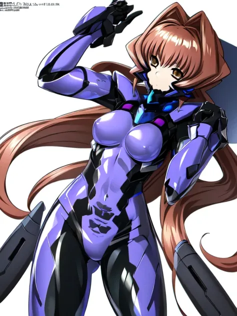 Jinguuji Marimo , (((highres official art))) , (((Muv-Luvs style armors ))) , (((fortified_suit))) , (((1girl))) , brown hair , brown eyes , long hair , hair intakes , standing, simple background, white background