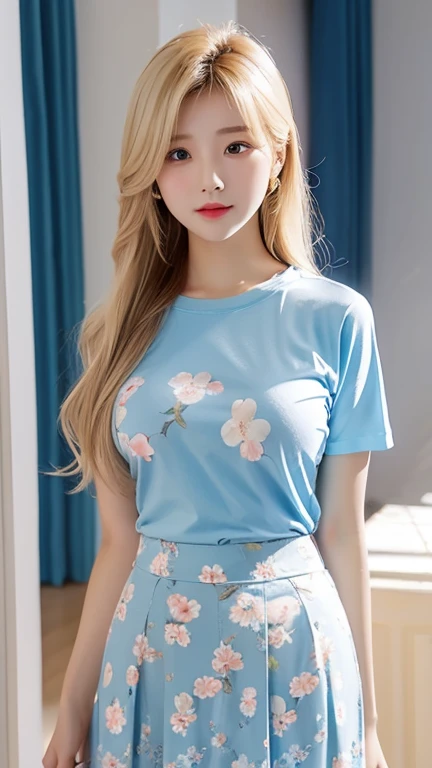 light blue thin flower pattern T-shirt , medium breast , big breast , blonde long hair , skirt