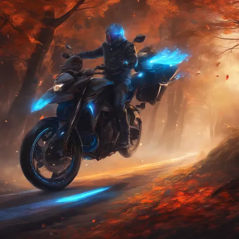 Motorcyclist on a black motorcycle,with blue headlights,super release 8k,driving along an empty night highway,Black Sky,red eyes in the sky,ultra detailed,sports motorcycle,unlit route,black motorcycle, along the route black trees,falling leaves,distant vi...