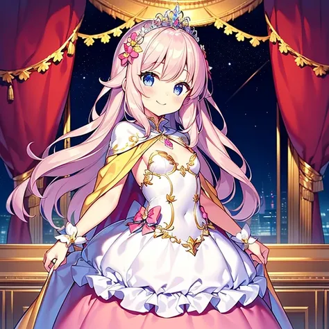 (kawaii),(best quality),(ultra detailed), upper body,(rococo style),(long train pastel pink cape:1.15), very long cape,(long train white ball gown with flower decorations), a girl is wearing a cape over her gown, 1 little princess, tiara, smile, small brea...