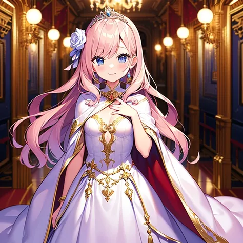 (kawaii),(best quality),(ultra detailed), upper body,(rococo style),(long train pastel pink cape:1.15), very long cape,(long train white ball gown with flower decorations), a girl is wearing a cape over her gown, 1 little princess, tiara, smile, small brea...