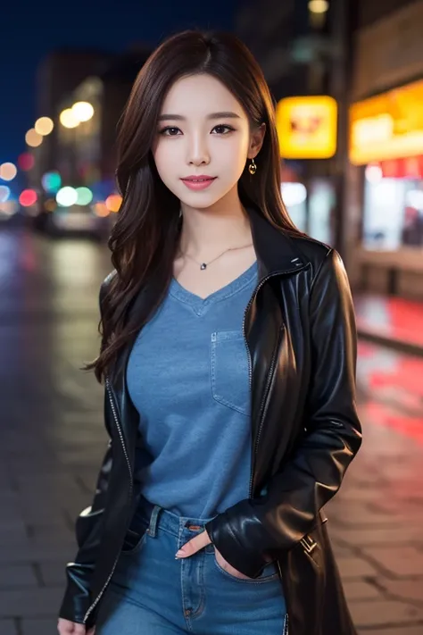 (8k, RAW photo, best quality, masterpiece:1.2), (realistic, photo-realistic:1.37), omertosa, 1girl, (Kpop idol), (aegyo sal:1), cute, cityscape, night, rain, wet, professional lighting, photon mapping, radiosity, physically-based rendering