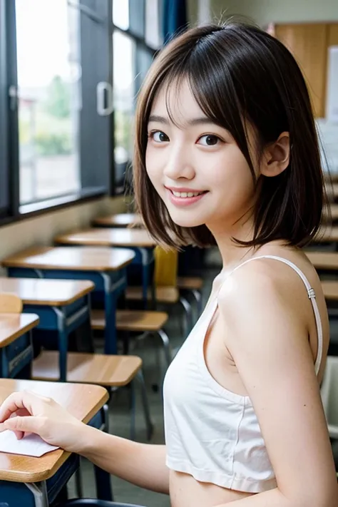 8K、best image quality、masterpiece、summer、Japanese high school girl meets her friends in the classroom。she speaks happily、short hair、silk underwear、fine eyes、close up of face、profile