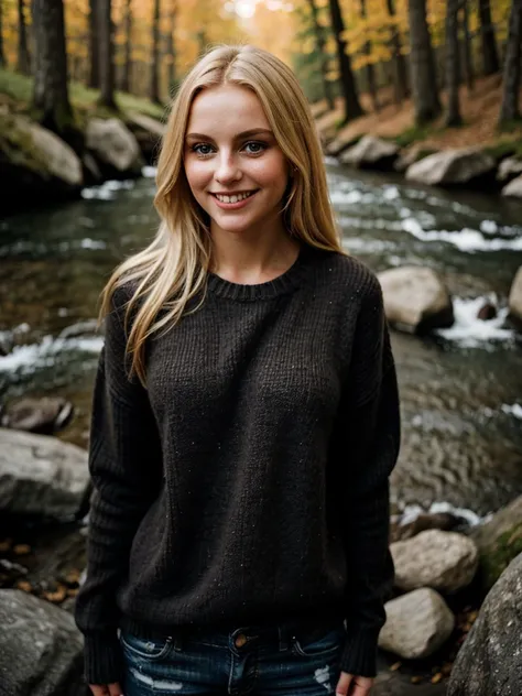 a closeup dark  shot photo of a blonde with perfect eyes, smile, full photo standing, same face, legs also visible, river , woods, forest, wearing sweater, clear sky, rocks