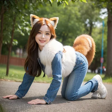 ((highest quality)), ((masterpiece)), (become familiar with), perfect face, fox woman, Beautiful woman, public, A tail is growing, she has a fluffy tail, she has a red panda tail, she wags her tail, smile, collar and leash, get down on all fours, She wears...