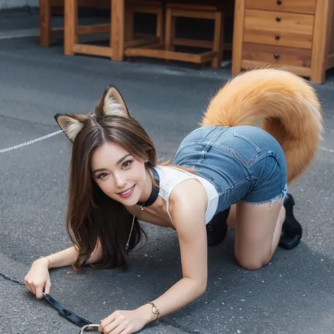 ((highest quality)), ((masterpiece)), (become familiar with), perfect face, fox woman, Beautiful woman, public, A tail is growing, she has a fluffy tail, she has a fox tail, she wags her tail, smile, collar and leash, get down on all fours, She wears jeans...