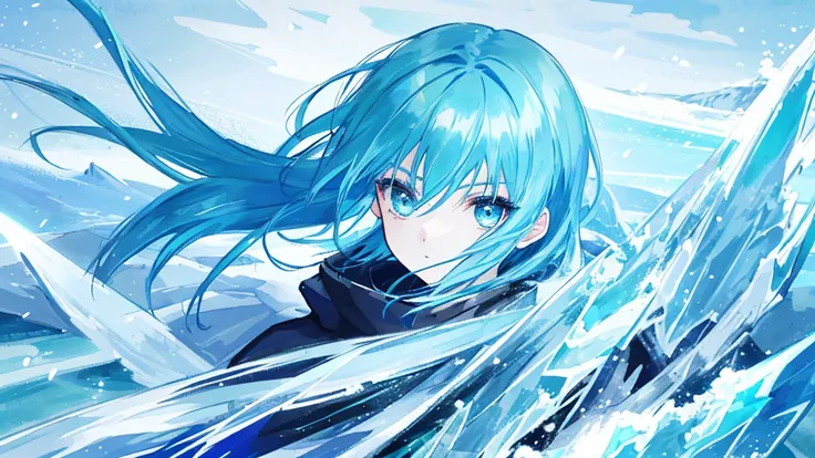 girl with blue hair, cyan eyes, teal hair, blue hair, ice, waves of snow and ice, sharp eyes, sky