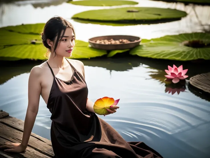 aoyem, (brown shirt), The womans beauty can be enhanced by the reflection of the lotus flowers in the water. The vibrant colors of the lotus flowers can also add to the beauty of the scene, creating a harmonious blend of colors, RAW photo,(high detailed sk...