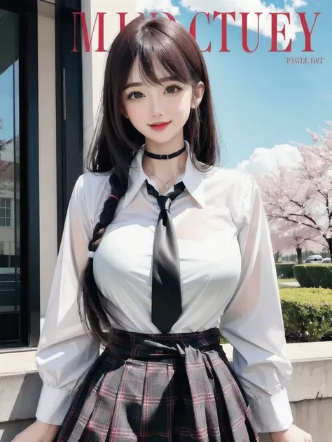 masterpiece, best quality, full body, 1girl, bangs, black choker, black necktie, black hair, blue skirt, blush, bracelet, breasts, choker, clothes around waist, collarbone, collared shirt, cowboy shot, dress shirt, ear piercing, eyebrows visible through ha...