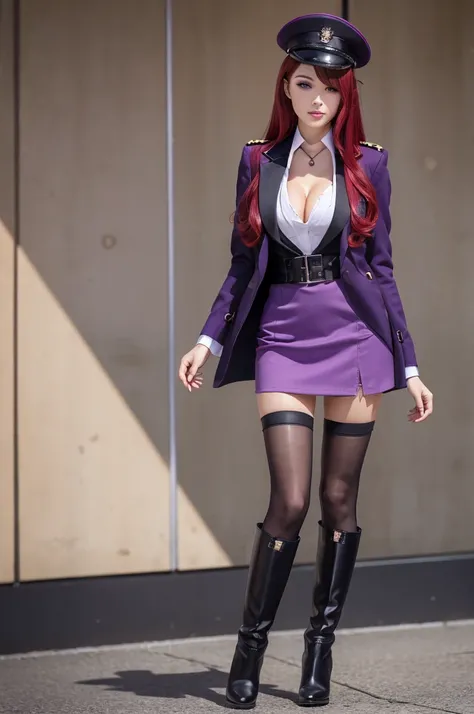 one beautiful woman, ancle boots stiletto , purple military uniform, full body view, extrem long hair, cleavage, red hair, extrem short skirt,