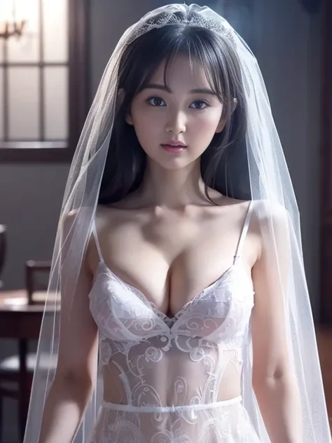 Highly detailed CG Unity 8k wallpaper, top quality, super detailed, masterpiece, realistic, photorealistic, highly detailed cute girl, (25 years old), blush, round eyes, small breasts, viewer, semi-body shot, white wedding dress, cleavage, veil