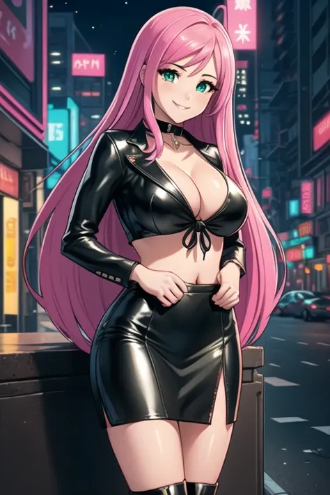 1 girl, 19 years old, Long pink hair, green eyes with slit pupils, master-piece, best quality, (standing up), (front-tie crop top, black leather pencil skirt, patent leather high heel boots, cleavage),  (Big , ultra gigantic , Super super big, Glamorous bo...