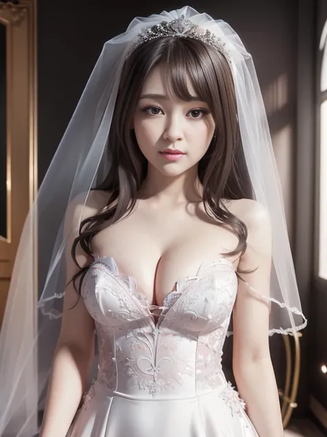 Highly detailed CG Unity 8k wallpaper, top quality, super detailed, masterpiece, realistic, photorealistic, highly detailed cute girl, (25 years old), blush, round eyes, small breasts, viewer, semi-body shot, white wedding dress, cleavage, veil