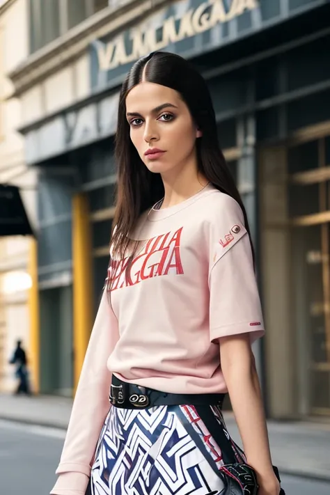 Professional RAW photo of 25 year old pale Russian young cute charismatic supermodel in (a fashionable womens t-shirt look in (Balenciaga style:1.55) and (constructivist style:1.4), in color (red:1.1), (blue:0.5), (gray:1.0), (black:1.1), (big pattern:1.15...