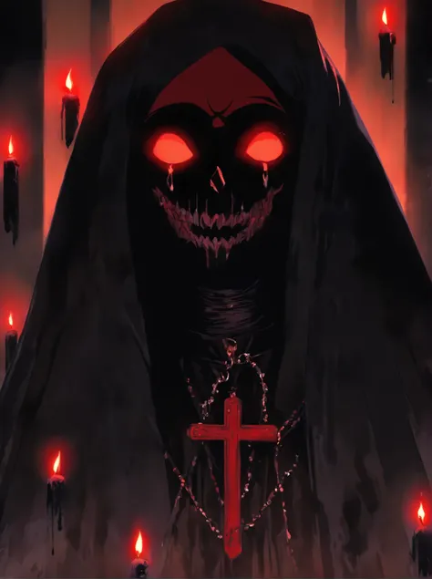 (sexy Jamaican gothic demonic nun), dark, mysterious, enchanting, hauntingly beautiful, (detailed facial features, brutal corpse paint, piercing eyes, dark red lips), tattered flowing robes, inverted cross necklace, sensual, alluring pose, (candlelit backd...