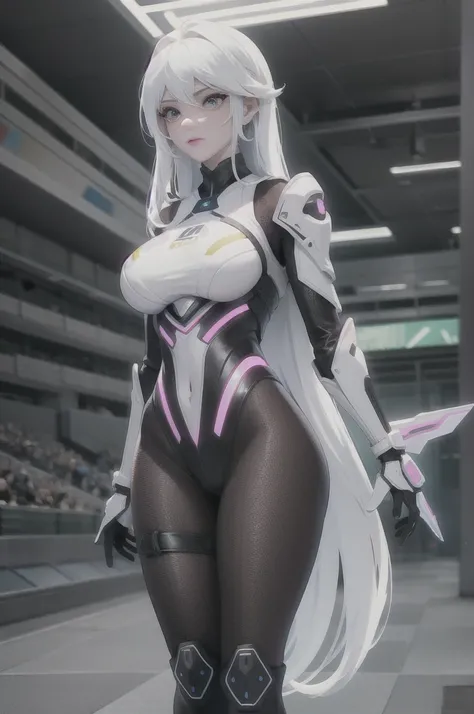 full body picture Unreal Engine 5 8K UHD of beautiful girl, white hair, wearing futuristic black tight battle suit, half face cyberpunk mask, futuristic neck collar, white light details, beauty makeup, best quality, masterpiece