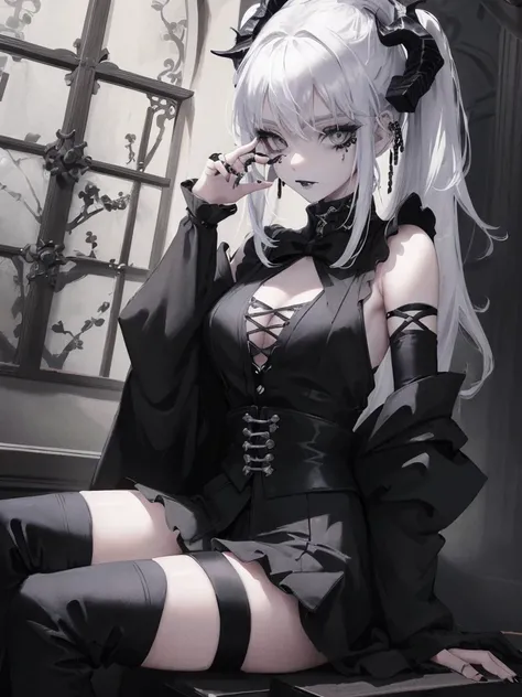 Masterpiece, best quality, high quality, ultra detailed, 1girl, looking at viewer, white hair, gray eyes, black lipstick, black shirt, sitting on a white floor, demon girl, gothcore, 1 7 - year - old, goth girl, japanese gothic, gothic punk style, black me...