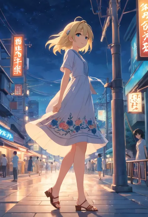 17 year old blonde woman, ojos azules, Her hair covers part of her thin face, dressed in a linen dress with embroidered flowers and high-heeled sandals, she takes a swing at night, smile mischievously. 