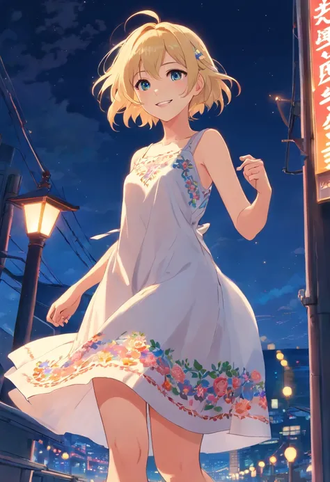 17 year old blonde woman, ojos azules, Her hair covers part of her thin face, dressed in a linen dress with embroidered flowers and high-heeled sandals, she takes a swing at night, smile mischievously. 