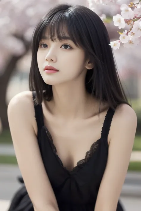 (((masterpiece, highest quality, Super detailed))), 1 female, (((very thin body))) , (((length, thin legs))), (((black hair, thick and fluffy bangs ))), (((highly detailed face))), cosmetics free, small and thin nose, small thin mouth, (((Very sharp focuse...