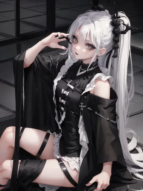 Masterpiece, best quality, high quality, ultra detailed, 1girl, looking at viewer, white hair, gray eyes, black lipstick, black shirt, sitting on a white floor, demon girl, gothcore, 1 7 - year - old, goth girl, japanese gothic, gothic punk style, black me...