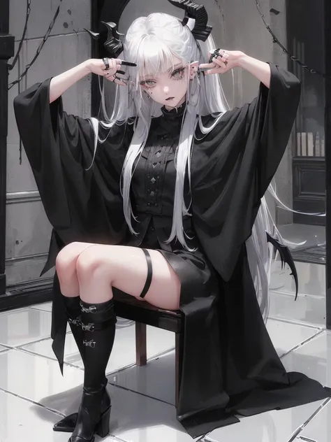 Masterpiece, best quality, high quality, ultra detailed, 1girl, looking at viewer, white hair, gray eyes, black lipstick, black shirt, sitting on a white floor, demon girl, gothcore, 1 7 - year - old, goth girl, japanese gothic, gothic punk style, black me...