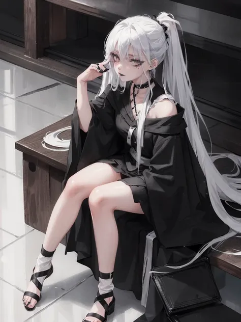 Masterpiece, best quality, high quality, ultra detailed, 1girl, looking at viewer, white hair, gray eyes, black lipstick, black shirt, sitting on a white floor, demon girl, gothcore, 1 7 - year - old, goth girl, japanese gothic, gothic punk style, black me...