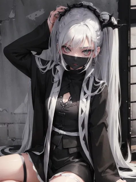 Masterpiece, best quality, high quality, ultra detailed, 1girl, looking at viewer, white hair, gray eyes, black lipstick, black shirt, sitting on a white floor, demon girl, gothcore, 1 7 - year - old, goth girl, japanese gothic, gothic punk style, black me...