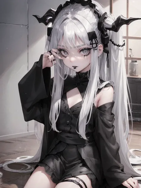 Masterpiece, best quality, high quality, ultra detailed, 1girl, looking at viewer, white hair, gray eyes, black lipstick, black shirt, sitting on a white floor, demon girl, gothcore, 1 7 - year - old, goth girl, japanese gothic, gothic punk style, black me...