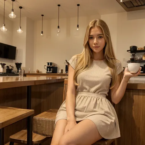 Stuning girl long straight blonde hair instagram model sitting in coffee shop drinking coffee looking cute wearing short dress