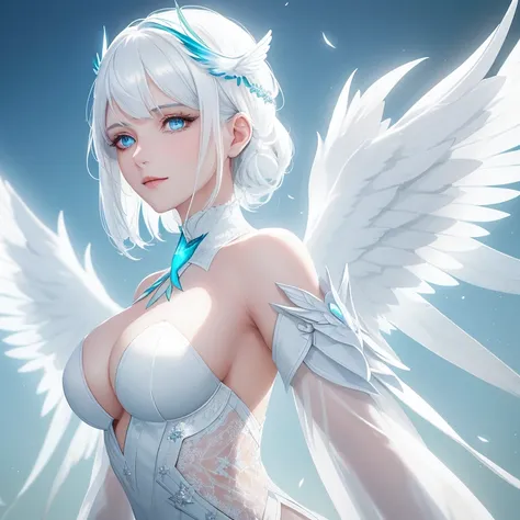 A young woman with white hair, a sweet and angelic face, one blue eye and the other green, wears a complete white suit with black accents behind her. Her back is adorned with wings that emerge, gleaming white in the light.

Intricate details, Realistic CGI...