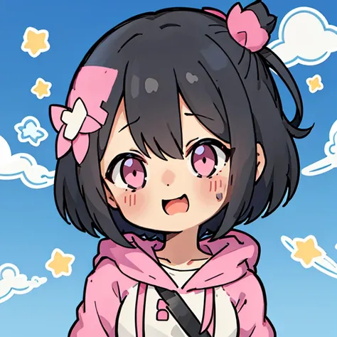 One person, black hair, Bangs, short hair, pink clip hair, happy face, Cute clothes