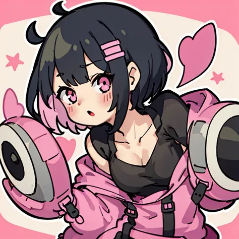 One person, black hair, Bangs, short hair, pink clip hair, happy face, Cute clothes