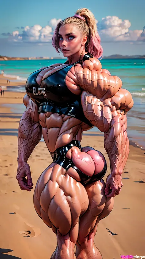 (1 girl:1.25), (cara delevingne:1.25), (a photo of a bodybuilder girl wearing latex panties on the beach:1.25), (long pink hair:1.25), (huge upper body:1.25), (wide shoulders:1.45), (huge muscular arms:1.25,) (10-pack abs:1.25), (thing legs:1.25),Realistic...