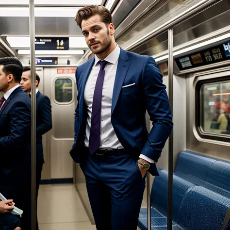 man in the subway，Standing in a subway car，Ultra-flat head，Wearing a sexy suit，huge bulge, leg apart，musculous，Handsome， pervert smirk，exhilarated，full bodyesbian，Exposing thighs， In crowded subway cars， 16k resolution , ultra-high clarity , hyperrealism ,...