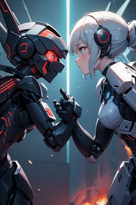 Please draw a battle scene where the robots collide face to face with each other.