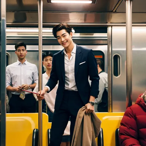 man in the subway，Standing in a subway car，Ultra-flat head，Wearing a sexy suit，huge bulge, leg apart，musculous，Handsome， pervert smirk，exhilarated，full bodyesbian，Exposing thighs， In crowded subway cars， 16k resolution , ultra-high clarity , hyperrealism ,...