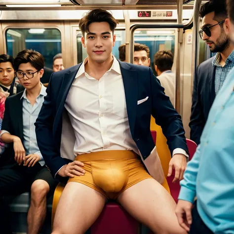 man in the subway，Standing in a subway car，Ultra-flat head，Wearing a sexy suit，huge bulge, leg apart，musculous，Handsome， pervert smirk，exhilarated，full bodyesbian，Exposing thighs， In crowded subway cars， 16k resolution , ultra-high clarity , hyperrealism ,...