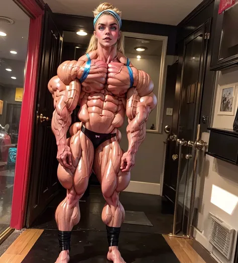 (1 girl:1.25), (cara delevingne:1.25), (a photo of a bodybuilder girl wearing latex panties looking at her phone:1.25), (long pink hair:1.25), (huge upper body:1.25), (wide shoulders:1.25), (huge muscular arms:1.45,) (10-pack abs:1.25), (lots of veins:1.25...