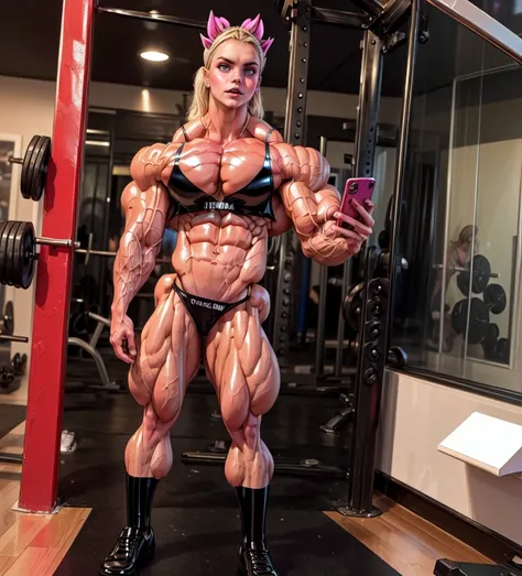 (1 girl:1.25), (cara delevingne:1.25), (a photo of a bodybuilder girl wearing latex panties looking at her phone:1.25), (long pink hair:1.25), (huge upper body:1.25), (wide shoulders:1.25), (huge muscular arms:1.45,) (10-pack abs:1.25), (lots of veins:1.25...