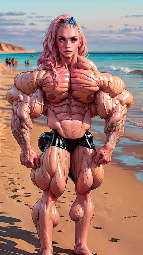 (1 girl:1.25), (cara delevingne:1.25), (a photo of a bodybuilder girl wearing latex panties on the beach:1.25), (long pink hair:1.25), (huge upper body:1.25), (wide shoulders:1.45), (huge muscular arms:1.25,) (10-pack abs:1.25), (skinny legs), Realistic, V...