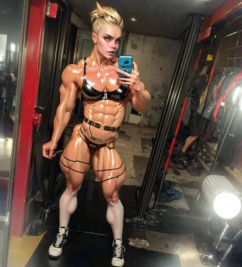 (1 girl:1.25), (cara delevingne:1.25), (a photo of a bodybuilder girl wearing latex panties looking at her phone:1.25), (long pink hair:1.25), (huge upper body:1.25), (wide shoulders:1.25), (huge muscular arms:1.45,) (10-pack abs:1.25), (lots of veins:1.25...