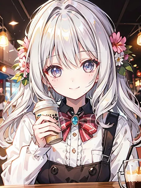 girl,Drinking coffee in a coffee shop,festival atmosphere,smile,Fluffy voluminous hair like a princess,main character&#39;aura,close up of face,Congratulations!🎊🎉