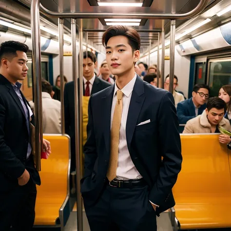 man in the subway，Standing in a subway car，Ultra-flat head，Wearing a sexy suit，huge bulge, leg apart，musculous，Handsome， pervert smirk，exhilarated，full bodyesbian，Exposing thighs， In crowded subway cars， 16k resolution , ultra-high clarity , hyperrealism ,...