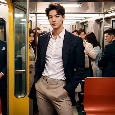 man in the subway，Standing in a subway car，Ultra-flat head，Wearing a sexy suit，huge bulge, leg apart，musculous，Handsome， pervert smirk，exhilarated，full bodyesbian，Exposing thighs， In crowded subway cars， 16k resolution , ultra-high clarity , hyperrealism ,...