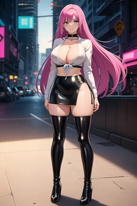 1 girl, 19 years old, Long pink hair, green eyes with slit pupils, master-piece, best quality, (standing up), (white shirt), (long sleeve white front-tie crop top, black leather pencil mini skirt, patent leather high heel boots, cleavage),  (Big , ultra gi...