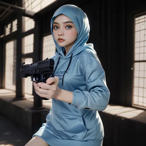 1 malay girl, blue eyes , pastel hijab , aiming at viewer, holding pistol, handgun, masterpiece, detailed shadows, detailed ligh...