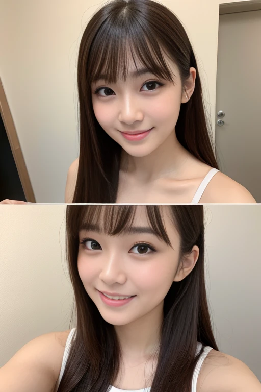 brown hair、open mouth smile、18-year-old、woman、日本人woman、1 person、transparency、masterpiece、natural makeup、up、顔up、hair tied up、bangs、selfie、Clear system