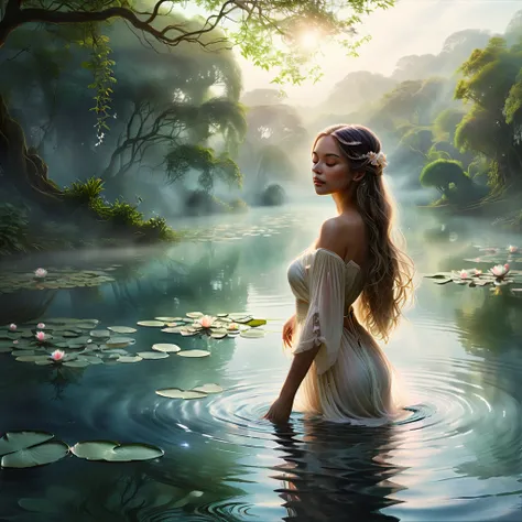 (best quality,4k,8k,highres,masterpiece:1.2),ultra-detailed,(realistic,photorealistic,photo-realistic:1.37),a girl by the pond,dusk lighting,serene atmosphere,ripples in the water,magical mist,faint reflections,peaceful ambiance,natural colors,long flowing...