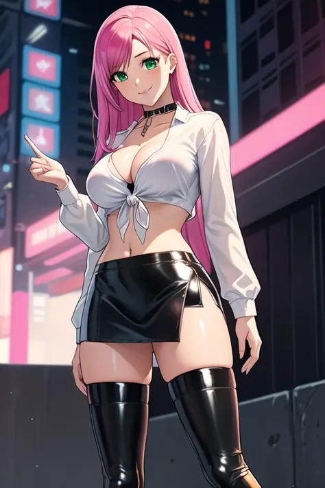 1 girl, 19 years old, Long pink hair, green eyes with slit pupils, master-piece, best quality, (standing up), (white shirt), (long sleeve white front-tie crop top, black leather pencil mini skirt, patent leather high heel boots, cleavage),  (Big , ultra gi...